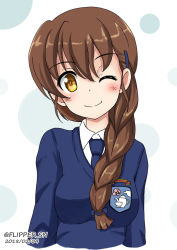 Rule 34 | 10s, 1girl, blue necktie, blue sweater, braid, brown eyes, brown hair, closed mouth, commentary, cropped torso, dated, dress shirt, emblem, flipper, girls und panzer, green background, hair ornament, hair over shoulder, hair tie, hairclip, long hair, long sleeves, looking at viewer, necktie, one-hour drawing challenge, one eye closed, polka dot, polka dot background, rukuriri (girls und panzer), school uniform, shirt, single braid, smile, solo, st. gloriana&#039;s (emblem), st. gloriana&#039;s school uniform, standing, sweater, twitter username, upper body, v-neck, white shirt, wing collar