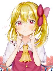 Rule 34 | 1girl, ascot, blonde hair, blush, bow, closed mouth, commentary request, crystal, fingers to cheeks, flandre scarlet, flat chest, floral background, flower, hair between eyes, hair bow, nail polish, nano (nazuna0512), no headwear, one side up, purple nails, red bow, red flower, red rose, red vest, rose, short hair, simple background, smile, solo, touhou, upper body, vest, white background, wings, yellow ascot