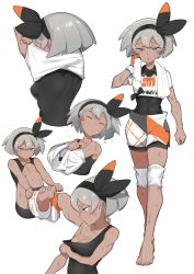 Rule 34 | 1girl, barefoot, bea (pokemon), black bodysuit, black hairband, bodysuit, bodysuit under clothes, bow hairband, breasts, collared shirt, commentary request, creatures (company), dynamax band, game freak, gloves, grey eyes, grey hair, hairband, highres, knee pads, multiple views, nintendo, nuibashi, pokemon, pokemon swsh, print shirt, print shorts, shirt, short hair, short sleeves, shorts, single glove, sweat, toes, towel, towel around neck, undressing, white background