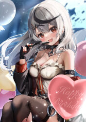 Rule 34 | 1girl, absurdres, arm strap, belt collar, black collar, black gloves, black hair, black jacket, black thighhighs, blue sky, blush, breasts, camisole, cleavage, cloud, collar, commentary, ear piercing, eye mask, fang, gloves, grey hair, hair ornament, happy birthday, highres, holding, holding mask, hololive, jacket, large breasts, long hair, looking at viewer, mask, multicolored hair, nail polish, neck ribbon, open mouth, piercing, pleated skirt, red jacket, red nails, red ribbon, red skirt, ribbon, saka mikatsuki, sakamata chloe, sakamata chloe (1st costume), skirt, sky, smile, solo, streaked hair, thighhighs, torn clothes, torn thighhighs, two-sided fabric, two-sided jacket, virtual youtuber, white camisole, x hair ornament