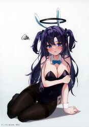 Rule 34 | 1girl, absurdres, animal ears, arm support, bare shoulders, blue archive, blue eyes, blue hair, blush, breasts, cleavage, covered navel, detached collar, etesumsom, fake animal ears, floating, floating object, full body, hair ornament, halo, highres, leotard, long hair, looking at viewer, medium breasts, open mouth, page number, pantyhose, rabbit ears, scan, shadow, simple background, sitting, solo, strapless, strapless leotard, sweat, sweatdrop, twintails, white background, yuuka (blue archive)