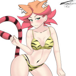 Rule 34 | 1girl, absurdres, amanda o&#039;neill, animal ears, animal print, bikini, blush, breasts, cameltoe, cat ears, cat tail, closed mouth, collarbone, feet out of frame, green eyes, groin, highres, little witch academia, looking at viewer, medium breasts, orange hair, short hair, simple background, smile, solo, swimsuit, tail, tiger print, white background