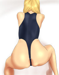 Rule 34 | 1girl, ass, bare shoulders, blonde hair, facing away, female focus, from above, leotard, long hair, ml, simple background, solo, spread legs, thong, thong leotard, white background
