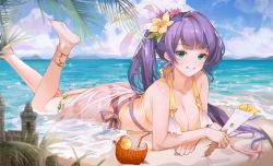 Rule 34 | 1girl, anklet, aqua eyes, bad id, bad pixiv id, bare shoulders, beach, bellona (epic seven), bikini, bikini top only, breasts, coconut, collarbone, epic seven, flower, grin, hair flower, hair ornament, hand fan, highres, jewelry, large breasts, long hair, looking at viewer, lying, ocean, on stomach, palm tree, ponytail, purple hair, ribbon, see-through, smile, solo, swimsuit, tree, wet, wet clothes, yellow bikini, zain (jiha3905)