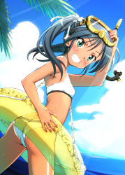Rule 34 | 1girl, bikini, black hair, blush, breasts, butt crack, diving mask, francesca lucchini, goggles, green eyes, highres, innertube, long hair, looking at viewer, lou (artist), miyajima hitoshi, small breasts, smile, solo, strike witches, summer, sweat, swim ring, swimsuit, teeth, twintails, world witches series