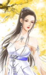 Rule 34 | 1girl, absurdres, brown eyes, brown hair, dress, earrings, facial mark, falling leaves, forehead mark, hair ornament, highres, jewelry, leaf, long hair, looking to the side, lu xueqi (zhu xian), parted lips, ponytail, see-through, see-through sleeves, solo, tang hua hanxiao xiang sui, teeth, upper body, white background, white dress, yellow leaves, zhu xian