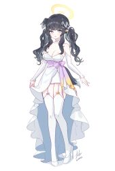 Rule 34 | 1girl, absurdres, alternate costume, animal ears, ash (cat7evy), bare shoulders, black hair, blue archive, blush, breasts, choker, cleavage, collarbone, detached sleeves, dog ears, dog girl, dog tail, dress, flower, full body, garter straps, hair flower, hair ornament, halo, hibiki (blue archive), high heels, highres, long hair, long sleeves, looking at viewer, medium breasts, open mouth, purple eyes, simple background, smile, solo, standing, strapless, strapless dress, tail, thighhighs, twintails, wedding dress, white background, white choker, white dress, white footwear, yellow halo