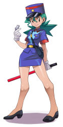 Rule 34 | 1girl, aqua hair, bad id, bad pixiv id, badge, bag, bare legs, belt, blue skirt, breasts, buttons, creatures (company), flipped hair, full body, game freak, gloves, hair between eyes, handbag, hat, high heels, holding, jenny (pokemon), legs, light smile, long legs, looking at viewer, miniskirt, narrow waist, nintendo, peaked cap, pencil skirt, pokemon, pokemon (anime), police, police hat, police uniform, policewoman, red eyes, ryuntack, shadow, shoes, short hair, short sleeves, shoulder pads, side slit, simple background, skirt, sleeve cuffs, small breasts, smile, solo, standing, star (symbol), taut clothes, traffic baton, uniform, wavy hair, whistle, white background, white gloves, wing collar