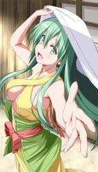 Rule 34 | 1girl, :d, arm up, bare arms, bare shoulders, breasts, commentary request, commission, foreshortening, green eyes, green hair, hair between eyes, highres, himetsuru ichimonji (tenka hyakken), long hair, looking at viewer, medium breasts, nori tamago, open mouth, outstretched arm, sash, skeb commission, smile, solo, tenka hyakken
