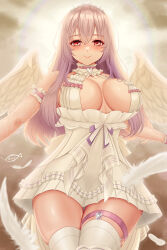 Rule 34 | 1girl, absurdres, angel, aogiri koukou, artist logo, bora (karasumin0), bow, breasts, choker, cleavage cutout, closed mouth, clothing cutout, cloud, cloudy sky, collarbone, dress, feathered wings, feathers, fishnet sleeves, fishnets, gabu rielu, heart, heart-shaped pupils, heart choker, highres, large breasts, long hair, pink eyes, pink hair, pleated skirt, skirt, skirt under dress, sky, smile, solo, symbol-shaped pupils, thigh strap, thighhighs, tiara, virtual youtuber, white bow, white dress, white feathers, white skirt, white thighhighs, white wings, wings