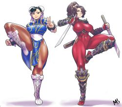Rule 34 | 2girls, :&lt;, alternate costume, arm guards, armor, black eyes, blue dress, bodysuit, boots, bracelet, breasts, brown eyes, brown hair, brown legwear, bun cover, capcom, china dress, chinese clothes, chun-li, commentary, commission, covered navel, cross-laced footwear, crossover, double bun, dress, dual wielding, earrings, english commentary, eymbee, fingerless gloves, full body, gloves, greaves, highres, holding, japanese armor, jewelry, knee boots, knee pads, kodachi, large breasts, looking at viewer, makeup, mascara, multiple girls, namco, ninja, pantyhose, pelvic curtain, ponytail, puffy short sleeves, puffy sleeves, red bodysuit, sash, short sleeves, short sword, shoulder armor, side-by-side, side slit, skin tight, soul calibur, soulcalibur, soulcalibur iv, spiked bracelet, spikes, standing, standing on one leg, street fighter, street fighter v, sword, tabi, taki (soulcalibur), thick thighs, thighs, toned, v, weapon, white background, white footwear