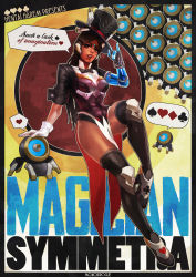 Rule 34 | 1girl, absurdres, alternate headwear, asymmetrical gloves, commentary, cyborg, dark-skinned female, dark skin, english commentary, english text, forehead jewel, full body, gloves, hat, hat tip, headset, heart, highres, knee pads, magician symmetra, mechanical arms, mismatched gloves, monori rogue, official alternate costume, overwatch, overwatch 1, pelvic curtain, pinup (style), short sleeves, single mechanical arm, solo, symmetra (overwatch), thighhighs, top hat, turret