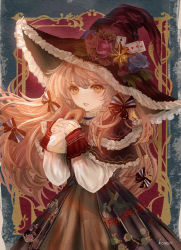 Rule 34 | 1girl, absurdres, artist name, bag, blue flower, bow, brown dress, brown eyes, brown flower, capelet, dress, floating hair, flower, food, frilled capelet, frills, hair between eyes, hair bow, hat, hat flower, highres, holding, holding food, komorihikki, layered capelet, layered dress, light brown hair, long hair, long sleeves, multiple hair bows, open mouth, original, paper bag, print dress, red flower, red hat, sketch, sleeves past wrists, solo, standing, very long hair, white sleeves, witch, witch hat