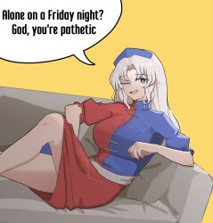 Rule 34 | 1girl, alone on a friday night? (meme), bare legs, black eyes, blue dress, blue hat, breasts, bright pupils, constellation print, couch, dress, feet out of frame, frilled sleeves, frills, grey hair, grey sash, hat, highres, large breasts, long hair, looking at viewer, mata (matasoup), meme, nurse cap, one eye closed, open mouth, parted bangs, reclining, red dress, sexually suggestive, short sleeves, simple background, smile, solo, third-party edit, touhou, two-tone dress, white pupils, yagokoro eirin, yellow background