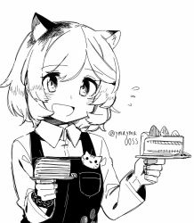 Rule 34 | 1girl, :d, animal ears, apron, arknights, cake, cake slice, cat ears, collared shirt, commentary request, flying sweatdrops, food, greyscale, holding, holding plate, infection monitor (arknights), long sleeves, looking at viewer, monochrome, mousse (arknights), open mouth, plate, shirt, short hair, simple background, sketch, smile, solo, twitter username, upper body, white background, wristband, yom (ymayma00ss)