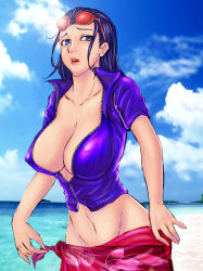 Rule 34 | 1girl, akira (yuibnm71), beach, blue eyes, blue sky, breasts, cleavage, cloud, cloudy sky, collarbone, covered erect nipples, cowboy shot, crop top, eyewear on head, floral print, flower, glasses, groin, hair slicked back, highres, large breasts, long hair, looking to the side, lowleg, midriff, navel, nico robin, no bra, no panties, ocean, one piece, open clothes, open mouth, open shirt, outdoors, pink skirt, purple hair, purple shirt, revealing clothes, sand, sarong, shiny clothes, shirt, short sleeves, skirt, sky, solo, sunglasses, unzipped, water, zipper