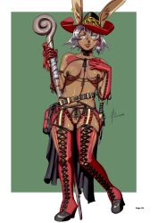 Rule 34 | 1girl, 2010, ac120, bare shoulders, belt, belt buckle, black hat, boots, breasts, buckle, collarbone, crotchless, dark-skinned female, dark skin, dated, earrings, elbow gloves, female focus, final fantasy, final fantasy xii, gloves, grey eyes, grey hair, hat, holding, holding staff, jewelry, looking at viewer, medium breasts, navel, nipples, pussy, rabbit ears, red gloves, red thighhighs, solo, staff, standing, thigh boots, thighhighs, uncensored, viera