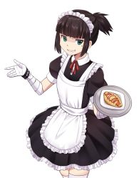 Rule 34 | 1girl, apron, bandaged arm, bandages, black dress, black hair, blunt bangs, cowboy shot, dress, food, forced smile, frilled dress, frills, green eyes, grin, highres, iwbitu, ketchup, looking at viewer, maid, maid apron, maid headdress, mole, mole under eye, omelet, omurice, original, plate, puffy short sleeves, puffy sleeves, red ribbon, ribbon, short hair, short ponytail, short sleeves, simple background, smile, solo, standing, thighhighs, tray, white background, white thighhighs, wristband, zettai ryouiki