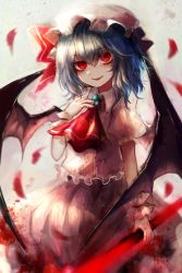 Rule 34 | 1girl, ascot, bat wings, blue hair, blush, bow, brooch, commentary request, dress, fangs, frilled shirt, frilled shirt collar, frilled sleeves, frills, hat, hat ribbon, highres, jewelry, maho moco, medium hair, mob cap, open mouth, petals, pink dress, puffy short sleeves, puffy sleeves, red ascot, red bow, red eyes, red ribbon, remilia scarlet, ribbon, shirt, short sleeves, smile, solo, spear the gungnir, touhou, wings, wrist cuffs