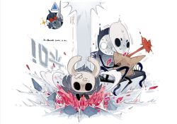 Rule 34 | anger vein, arrow (symbol), artist name, bandaid, bandaid on head, bench, crushing, dated, heart, highres, holding, holding paper, hollow eyes, hollow knight, k-bone, knight (hollow knight), paper, quirrel, simple background, sitting, sparkle, sweat, v, white background