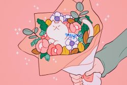 Rule 34 | animal, artist name, bad id, bad instagram id, bouquet, cat, closed eyes, flower, holding, holding bouquet, leaf, long sleeves, meyoco, no humans, original, pink background, pink flower, simple background, sparkle, white cat, white flower