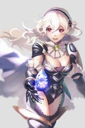 Rule 34 | 1girl, alternate costume, armor, breasts, brooch, cleavage, corrin (female) (fire emblem), corrin (fire emblem), fire emblem, fire emblem fates, hairband, highres, jewelry, long hair, medium breasts, miton (vvse5752), nintendo, open mouth, red eyes, upper body, white hair