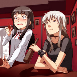 Rule 34 | 2girls, alcohol, anabuki tomoko, bar (place), beer, black hair, black shirt, blush, bottle, collared shirt, cup, drinking, drinking glass, elizabeth f. beurling, female focus, framed, framed image, grey hair, hime cut, indoors, jewelry, liquor, long hair, messy hair, multiple girls, necklace, open mouth, photo (object), picture frame, red ribbon, ribbon, room, shirt, shot glass, sitting, strike witches, surprised, sweat, tabigarasu, watch, white shirt, world witches series