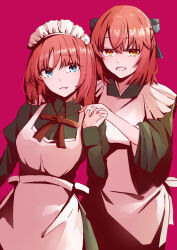 Rule 34 | 2girls, absurdres, alternate costume, apron, black bow, black dress, blue eyes, blush, bow, breasts, dress, enmaided, frilled apron, frills, hair between eyes, hair bow, hair ribbon, hands on another&#039;s shoulder, hashtag-only commentary, highres, hisui (tsukihime), japanese clothes, kimono, kohaku (tsukihime), long hair, long sleeves, looking at viewer, maid, maid apron, maid headdress, medium breasts, medium hair, multiple girls, neck ribbon, open mouth, pink background, puffy sleeves, red hair, red ribbon, ribbon, short hair, siblings, simple background, sisters, smile, tam002, tsukihime, wa maid, waist apron, white apron, wide sleeves, yellow eyes