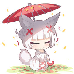 Rule 34 | +++, 1girl, animal ear fluff, animal ears, barefoot, blush, chibi, closed eyes, closed mouth, commentary request, double bun, dress, eighth note, fox ears, fox girl, fox tail, hair bun, hair ornament, highres, holding, holding umbrella, leaf, long sleeves, musical note, oil-paper umbrella, original, red umbrella, simple background, solo, tail, umbrella, white background, white dress, white hair, wide sleeves, x hair ornament, yuuji (yukimimi)