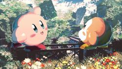 Rule 34 | bad id, bad pixiv id, blue eyes, blue sky, blush, blush stickers, brown eyes, building, city, cloud, day, flower, from behind, full body, grass, happy, highres, kirby, kirby (series), kirby and the forgotten land, looking at viewer, looking back, looking up, meola, nature, nintendo, no humans, open mouth, outdoors, red flower, ruins, sketch, sky, skyscraper, smile, standing, tree, waddle dee, white flower