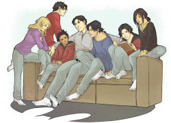 Rule 34 | 2girls, 5boys, batman (series), black hair, blonde hair, blue shirt, book, brother and sister, brothers, bruce wayne, cassandra cain, collared shirt, couch, couple, damian wayne, dark skin, dc comics, denim, dick grayson, family, father and daughter, father and son, hood, hoodie, jason todd, jeans, multiple boys, multiple girls, open book, pants, purple shirt, reading, red shirt, shirt, siblings, sitting, socks, stephanie brown, tim drake