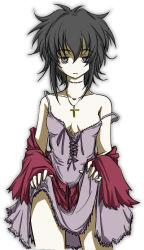 Rule 34 | 00s, 1girl, black hair, black lagoon, breasts, cleavage, clothes lift, collarbone, cross, cross necklace, empty eyes, frederica sawyer, grey eyes, hanafusa itsuki, jewelry, necklace, scar, scar on neck, short hair, simple background, skirt, skirt lift, small breasts, solo, strap slip, white background