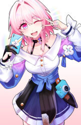 Rule 34 | 1girl, ;d, absurdres, bare shoulders, blue eyes, blue skirt, breasts, camera, cellphone, cleavage, commentary, cowboy shot, gradient background, hands up, highres, holding, holding phone, honkai: star rail, honkai (series), korean commentary, long sleeves, looking at viewer, march 7th (honkai: star rail), medium breasts, mimu (cyus7328), miniskirt, off-shoulder shirt, off shoulder, one eye closed, open mouth, phone, pink background, pink hair, pleated skirt, purple eyes, shirt, short hair, skirt, smartphone, smile, solo, standing, two-tone eyes, v, white background, white shirt