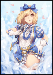 Rule 34 | 10s, 1girl, ;o, absurdres, alternate costume, black border, blonde hair, blue background, blue bow, border, bow, djeeta (granblue fantasy), eyebrows, gloves, granblue fantasy, hair bow, heart, highres, holding, holding microphone, kimi to boku no mirai, knee up, looking up, microphone, naidong (artist), one eye closed, open mouth, ribbon, short hair, short sleeves, skirt, solo, teeth, thighs, white gloves, yellow eyes
