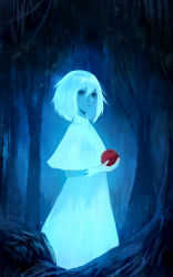 Rule 34 | 1girl, black eyes, blue theme, dark, dress, food, forest, fruit, gloves, glowing, hair between eyes, holding, holding food, holding fruit, looking away, monochrome, nature, night, original, plant roots, sakimori (hououbds), short hair, solo, spot color, white dress, white gloves, white hair