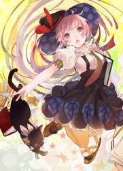 Rule 34 | 1girl, black cat, blush, book, brown hair, cat, dress, fly 333, grey eyes, hat, highres, holding, holding book, necktie, open mouth, original, outstretched arm, puffy sleeves, short hair, single thighhigh, solo, thighhighs, yellow thighhighs