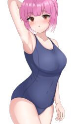 Rule 34 | 1girl, :o, arm behind head, arm up, armpits, bare arms, bare shoulders, blue one-piece swimsuit, blush, breasts, brown eyes, cleavage, collarbone, commentary, covered navel, english commentary, fang, highres, indie virtual youtuber, kurameki kyou, looking at viewer, medium breasts, old school swimsuit, one-piece swimsuit, parted lips, pink hair, presenting armpit, ryzeon, school swimsuit, short hair, simple background, solo, sweat, swimsuit, thick eyebrows, virtual youtuber, white background