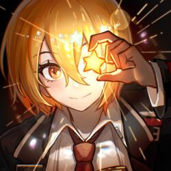 Rule 34 | 1girl, black coat, blonde hair, coat, collared shirt, don quixote (project moon), hand up, highres, holding, holding star, light, limbus company, long sleeves, looking at viewer, necktie, project moon, red necktie, shiqicheng, shirt, short hair, smile, solo, star (symbol), star in eye, symbol in eye, white shirt, yellow eyes