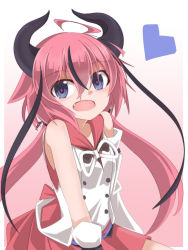 Rule 34 | 1other, ahoge, ao (aoblueao), bare shoulders, black hair, curled horns, detached sleeves, fang, gradient background, hair between eyes, heart, horns, long hair, long sleeves, looking at viewer, low twintails, meika hime, multicolored hair, open mouth, pink background, pink hair, pleated skirt, purple eyes, red skirt, shirt, single detached sleeve, skirt, sleeveless, sleeveless shirt, solo, streaked hair, twintails, very long hair, vocaloid, white background, white shirt, white sleeves