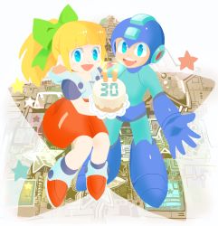Rule 34 | 1boy, 1girl, anniversary, blonde hair, blue eyes, blue gloves, bow, cake, candle, capcom, child, coramune, dress, food, full body, gloves, green bow, hair bow, hair ornament, helmet, high ponytail, highres, holding, holding cake, holding food, hood, hood down, hooded dress, long hair, open mouth, outstretched arm, ponytail, red dress, red footwear, mega man (series), mega man (character), mega man (classic), mega man 11, roll (mega man), shoes, smile, star (symbol)