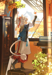 Rule 34 | 1boy, aged down, animal ears, architecture, arm up, autumn leaves, black footwear, black sleeves, blue vest, book, book stack, boots, child, chinese clothes, cyotsy, day, east asian architecture, from behind, from side, full body, grey hair, hair ribbon, highres, holding, holding leaf, honkai: star rail, honkai (series), indoors, jing yuan, layered sleeves, leaf, long sleeves, looking ahead, male focus, maple leaf, pants, pants tucked in, ponytail, red pants, red ribbon, ribbon, sash, scroll, shirt, smile, standing, standing on one leg, sunlight, tail, tassel, vase, vest, white shirt, window