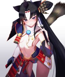 Rule 34 | 1girl, :3, absurdres, armor, armpit peek, armpits, asymmetrical clothes, asymmetrical sleeves, black hair, blue eyes, blue panties, blush, breast curtain, breasts, circlet, closed mouth, detached sleeves, fate (series), feather hair ornament, feathers, gloves, hair bun, hair ornament, hat, highres, holding, holding sheath, holding sword, holding weapon, japanese armor, katana, kusazuri, long hair, long sleeves, looking at viewer, mismatched sleeves, navel, panamuru, panties, parted bangs, pom pom (clothes), purple sleeves, revealing clothes, scabbard, sheath, short eyebrows, showgirl skirt, side bun, side ponytail, sidelocks, simple background, single pantsleg, single side bun, skirt, small breasts, solo, sweat, sword, tassel, tate eboshi, thighs, tokin hat, underwear, ushiwakamaru (fate), very long hair, weapon, wet, wet clothes, wet panties, white background, white sleeves, wide sleeves