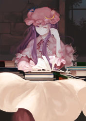 Rule 34 | 1girl, book, crescent, female focus, hat, highres, jq, long hair, one eye closed, patchouli knowledge, purple eyes, purple hair, solo, touhou, upper body, wink
