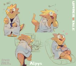 Rule 34 | 1girl, alphys, aqua background, barefoot, blush, buck teeth, cellphone, character name, character sheet, chips (food), copyright name, cup ramen, eating, english text, food, furry, glasses, heart, highres, lab coat, murayama ryota, noodles, phone, ramen, reptile girl, simple background, sitting, smartphone, sweat, tail, teeth, undertale