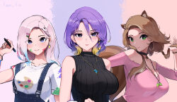 Rule 34 | 3girls, aged up, airani iofifteen, alternate hairstyle, animal ear fluff, animal ears, area 15, ayunda risu, black choker, blonde hair, blue hair, blush, bracelet, breasts, bright pupils, choker, cleavage, collarbone, colored tips, commentary, crescent, crescent earrings, earrings, english commentary, fian f.n, gradient hair, green eyes, hair behind ear, hair ornament, hairclip, holding, holding own hair, holding pen, hololive, hololive indonesia, jewelry, large breasts, leaning to the side, long hair, looking at viewer, low twintails, medium breasts, medium hair, moona hoshinova, multicolored hair, multiple girls, necklace, off-shoulder sweater, off shoulder, overalls, paint on clothes, paint splatter, paint splatter on face, pen, pink sweater, purple eyes, purple hair, purple nails, ribbed sweater, single earring, smile, squirrel ears, squirrel girl, squirrel tail, sweater, tail, twintails, upper body, virtual youtuber, white pupils
