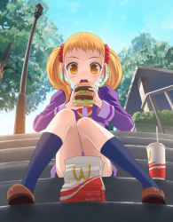 Rule 34 | 00s, 1girl, blonde hair, brand name imitation, burger, convenient censoring, day, drink, eating, fisheye, food, kasugano urara (yes! precure 5), lettuce, mcdonald&#039;s, megamac, outdoors, precure, sitting, sitting on stairs, solo, stairs, twintails, uni (plastic girl), upskirt, wcdonald&#039;s, yellow eyes, yes! precure 5