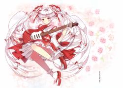 Rule 34 | 1girl, :&lt;, absurdres, alternate costume, alternate hairstyle, bare legs, blunt bangs, blush, bobby socks, bow, colored eyelashes, domotolain, electric guitar, eyelashes, fender stratocaster, floral background, fujiwara no mokou, full body, geta, guitar, hair bow, highres, holding, holding instrument, huge filesize, instrument, japanese clothes, kimono, long hair, long sleeves, looking at viewer, obi, ofuda, petticoat, plectrum, red eyes, red footwear, red skirt, ribbon-trimmed sleeves, ribbon trim, sandals, sash, silver hair, skirt, socks, solo, suspender skirt, suspenders, thighs, touhou, translation request, twintails, very long hair, white bow, white kimono, white socks, wide sleeves