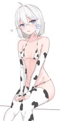 Rule 34 | 1girl, ahoge, animal print, bikini, black thighhighs, blue eyes, blue hair, breasts, bridal gauntlets, cow print, cow print bikini, elbow gloves, fang, gloves, gosegu, hair between eyes, hands on own thighs, heart, highres, looking at viewer, moong (eveonline44), multicolored hair, navel, parted lips, print bikini, print gloves, print thighhighs, short hair, simple background, sitting, skin fang, small breasts, solo, streaked hair, string bikini, swimsuit, thighhighs, v arms, virtual youtuber, waktaverse, white background, white hair, white thighhighs