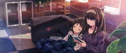 Rule 34 | 2girls, black hair, blanket, blue eyes, blurry, bokeh, book, checkered floor, couch, depth of field, hairband, head on another&#039;s shoulder, highres, holding, holding book, idolmaster, idolmaster cinderella girls, indoors, jewelry, long hair, multiple girls, neck ribbon, necklace, on couch, open mouth, plaid, plaid blanket, plant, potted plant, reading, ribbon, sagisawa fumika, sitting, sleeping, smile, sunlight, table, tachibana arisu, teapot, window, yuuki tatsuya