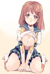 Rule 34 | 1girl, :o, amezawa koma, breasts squeezed together, breasts, breasts out, brown eyes, brown hair, cleavage, clothes lift, cum, cum on body, cum on breasts, cum on upper body, facial, hair ornament, hairclip, large breasts, nipples, open mouth, original, puffy nipples, school uniform, shirt lift, sitting, skirt, socks, solo, wariza